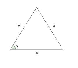 Figuren viser en likebeint trekant med to sider med lengde a, og en side med lengde b. Den mellomliggende vinkelen mellom a og b, kalles v.